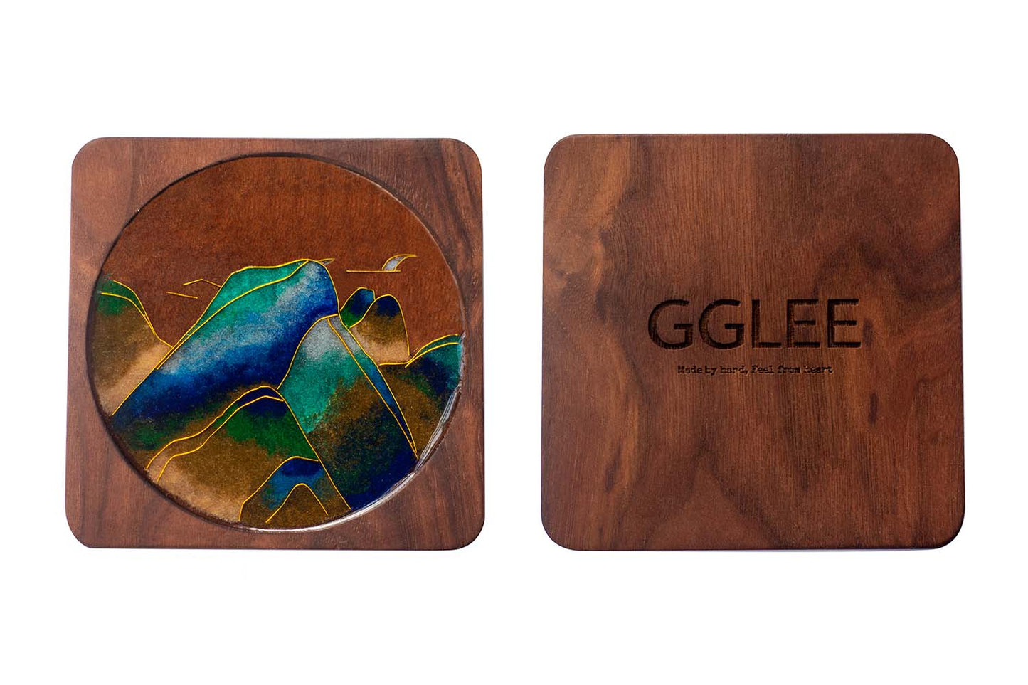 GGLEE Handmade Sustainable Natural Wooden Coasters for Cold and Hot Drink with Color mountain Design (Square)1 pcs