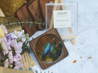GGLEE Handmade Sustainable Natural Wooden Coasters for Cold and Hot Drink with Color mountain Design (Square)1 pcs